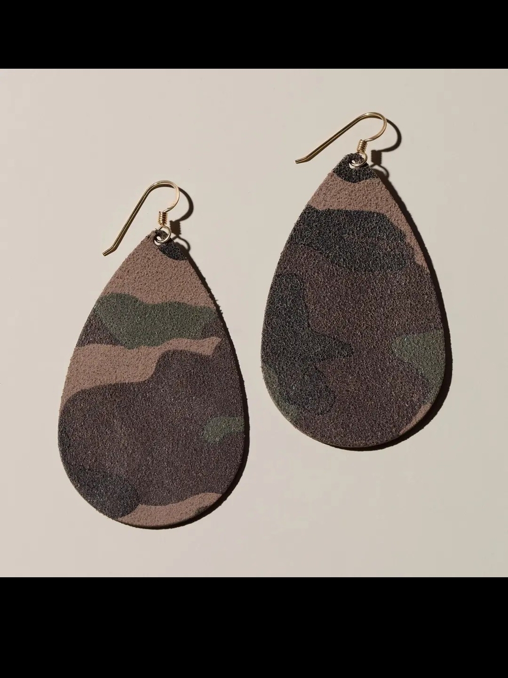 Nickel & Suede Camo Suede Small 2" Teardrop Leather Earrings with Gold Hooks New